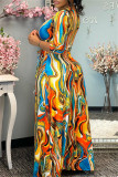Orange Fashion Sexy Print Basic V Neck Long Sleeve Dresses