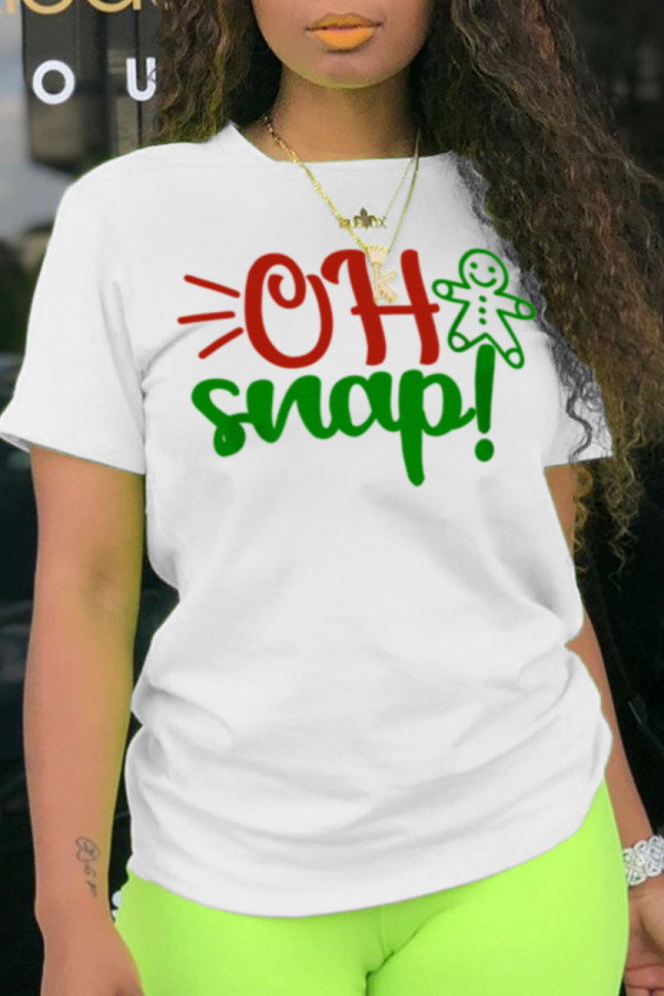 White Casual Daily Print Patchwork O Neck T-Shirts