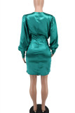 Blue Fashion Sexy Solid Hollowed Out Fold V Neck Long Sleeve Dresses