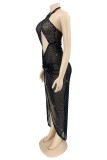 Black Gold Sexy Patchwork Hollowed Out See-through Backless Halter Sleeveless Dress