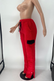 Red Casual Solid Patchwork Mid Waist Speaker Solid Color Bottoms