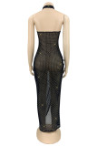 Black Gold Sexy Patchwork Hollowed Out See-through Backless Halter Sleeveless Dress