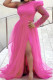 Rose Red Fashion Sexy Solid Backless Slit Oblique Collar Long Sleeve Plus Size Dresses