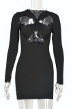 Black Fashion Sexy Solid Hollowed Out V Neck Long Sleeve Dresses