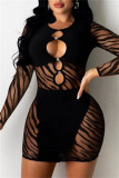 Black Fashion Sexy Patchwork Hollowed Out See-through O Neck Long Sleeve Dresses