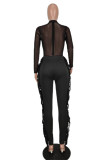 Black Fashion Casual Patchwork Tassel See-through O Neck Regular Jumpsuits