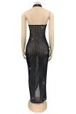 Black Gold Sexy Patchwork Hollowed Out See-through Backless Halter Sleeveless Dress