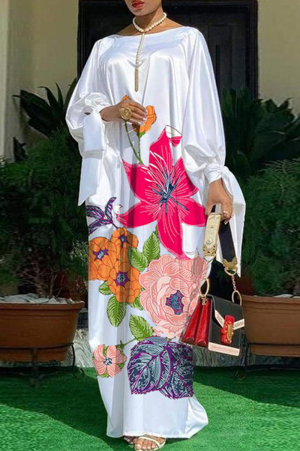 White Fashion Casual Print Basic O Neck Long Sleeve Dresses