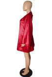 Red Fashion Casual Solid Hollowed Out V Neck Long Sleeve Dresses