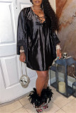 Red Fashion Casual Solid Hollowed Out V Neck Long Sleeve Dresses