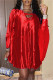 Red Fashion Casual Solid Hollowed Out V Neck Long Sleeve Dresses