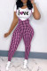 Pink Fashion Casual Letter Plaid Print Basic O Neck Short Sleeve Two Pieces
