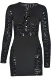 Black Fashion Sexy Patchwork Hollowed Out See-through O Neck Long Sleeve Dresses