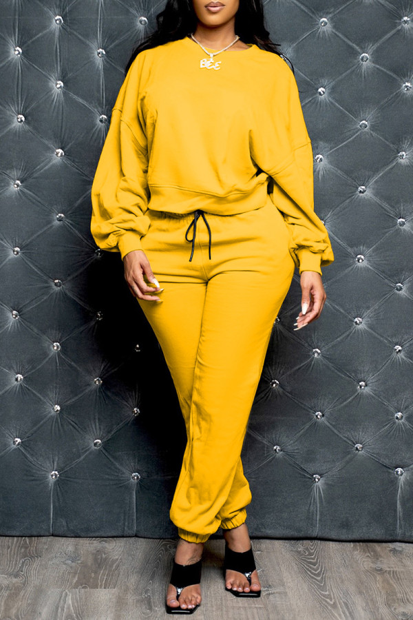 Yellow Fashion Casual Solid Basic O Neck Long Sleeve Two Pieces