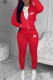 Red Fashion Casual Embroidery Patchwork Hooded Collar Long Sleeve Two Pieces