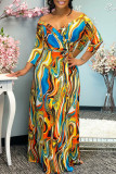 Orange Fashion Sexy Print Basic V Neck Long Sleeve Dresses