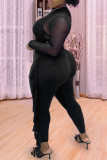 Black Fashion Casual Patchwork Tassel See-through O Neck Regular Jumpsuits
