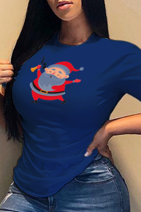 Navy Blue Vintage Cute Character Print Patchwork O Neck T-Shirts