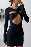 Black Fashion Sexy Solid Hollowed Out V Neck Long Sleeve Dresses
