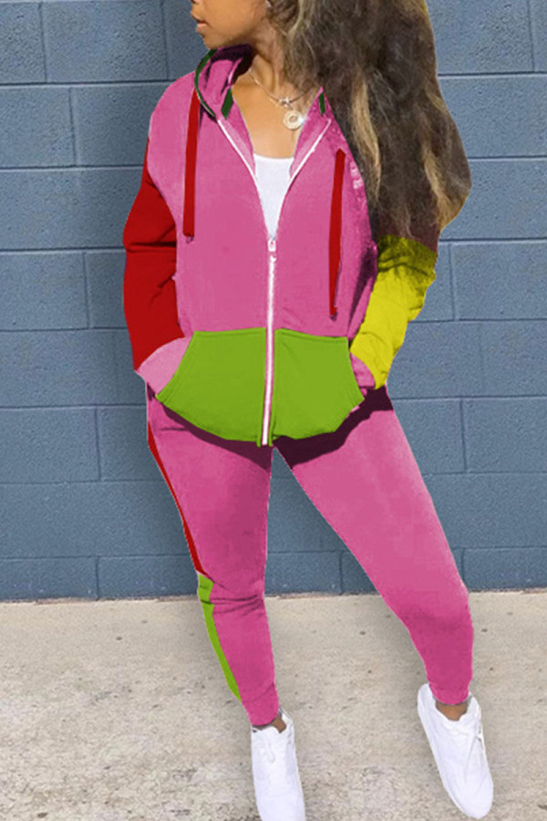 Pink Casual Print Patchwork Zipper Hooded Collar Long Sleeve Two Pieces