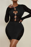 Black Fashion Sexy Patchwork Hollowed Out See-through O Neck Long Sleeve Dresses