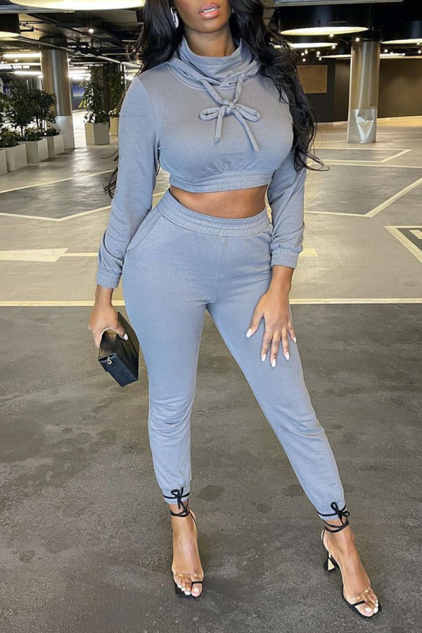 Gray Blue Casual Solid Patchwork Hooded Collar Long Sleeve Two Pieces