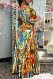 Orange Fashion Sexy Print Basic V Neck Long Sleeve Dresses
