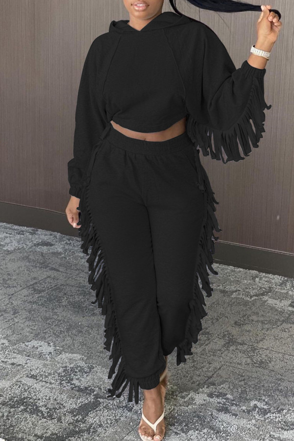 Black Fashion Casual Solid Tassel Hooded Collar Long Sleeve Two Pieces