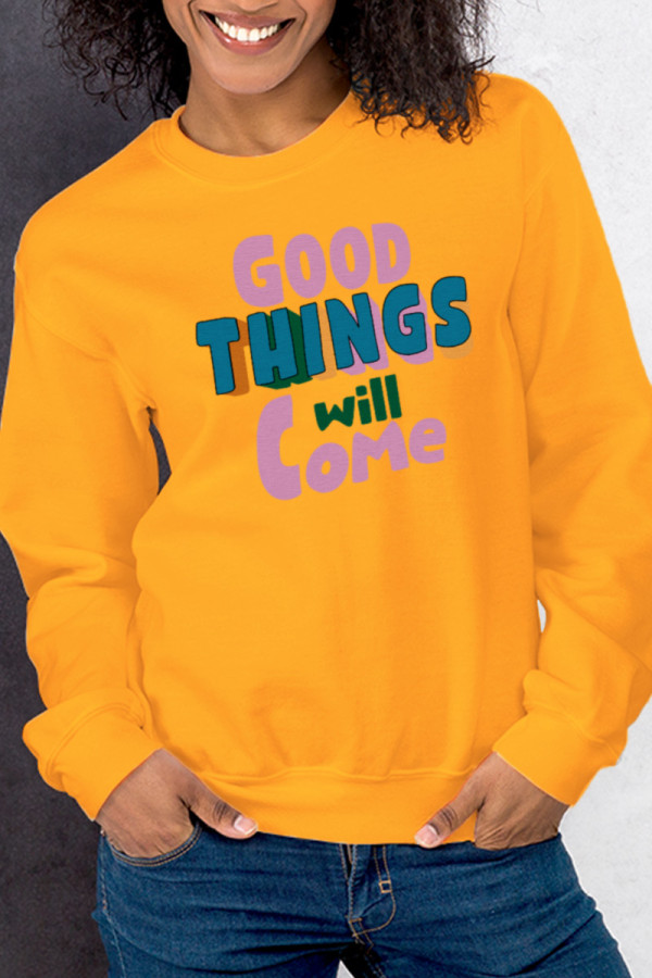 Yellow Casual Street Print Letter O Neck Tops