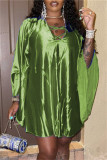 Red Fashion Casual Solid Hollowed Out V Neck Long Sleeve Dresses