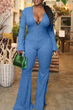 Blue Casual Solid Patchwork Buttons Slit V Neck Boot Cut Jumpsuits