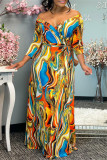 Orange Fashion Sexy Print Basic V Neck Long Sleeve Dresses