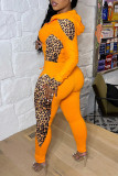 Orange Casual Print Leopard Split Joint Hooded Collar Long Sleeve Two Pieces