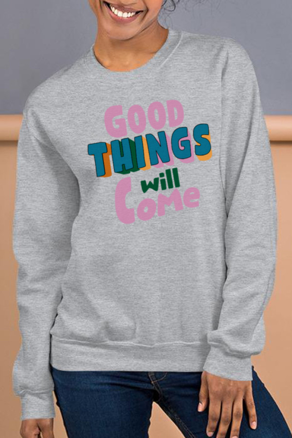 Grey Casual Street Print Letter O Neck Tops