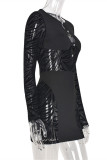 Black Fashion Sexy Patchwork Hollowed Out See-through O Neck Long Sleeve Dresses
