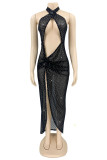 Black Gold Sexy Patchwork Hollowed Out See-through Backless Halter Sleeveless Dress