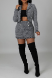 Black Sexy Vintage Patchwork Tassel Turndown Collar Long Sleeve Two Pieces