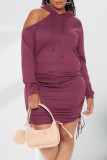 Fuchsia Casual Solid Hollowed Out Patchwork Frenulum Fold Hooded Collar One Step Skirt Dresses