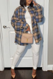 Purple Fashion Casual Plaid Print Cardigan Turndown Collar Outerwear