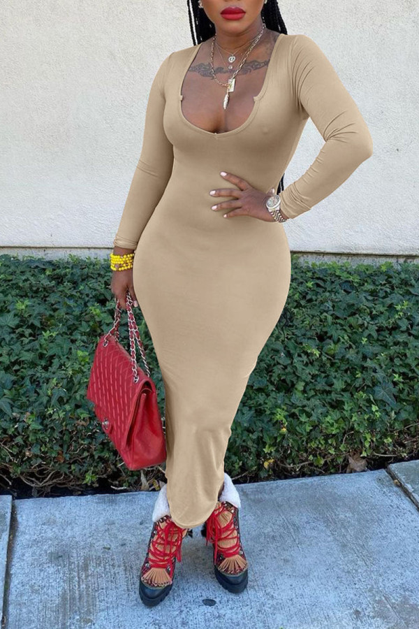 Apricot Sexy Solid Patchwork V Neck One Step Skirt Dresses
