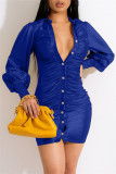 Blue Fashion Casual Solid Fold Turndown Collar Long Sleeve Dresses
