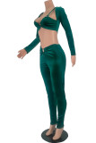 Green Fashion Sexy Solid Hollowed Out O Neck Long Sleeve Two Pieces