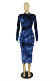 Deep Blue Fashion Casual Print Tie Dye Basic O Neck Long Sleeve Plus Size Dresses