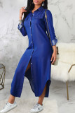Blue Casual Solid Patchwork Buckle Turndown Collar Shirt Dress Dresses