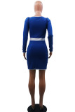 Blue Casual Solid Split Joint Buttons U Neck One Step Skirt Dresses