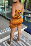 Brownness Fashion Sexy Solid Draw String Backless Fold Spaghetti Strap Sleeveless Dress Dresses