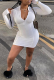Grey Sexy Solid Patchwork Zipper Collar Pencil Skirt Dresses