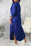 Blue Casual Solid Patchwork Buckle Turndown Collar Shirt Dress Dresses