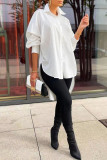 White Fashion Casual Solid Asymmetrical Turndown Collar Tops