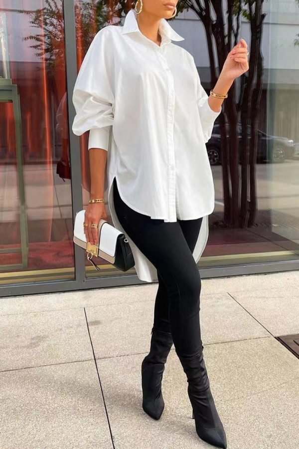 White Fashion Casual Solid Asymmetrical Turndown Collar Tops